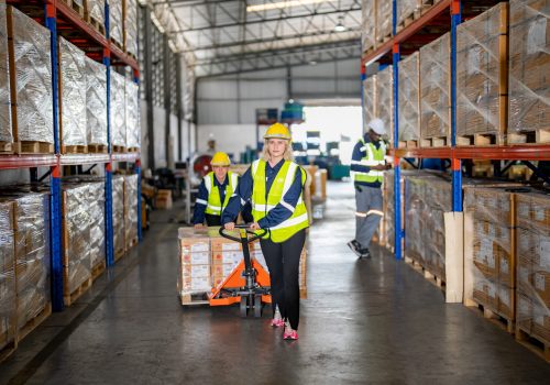 Warehouse workers with uniform working in distribution warehouse.